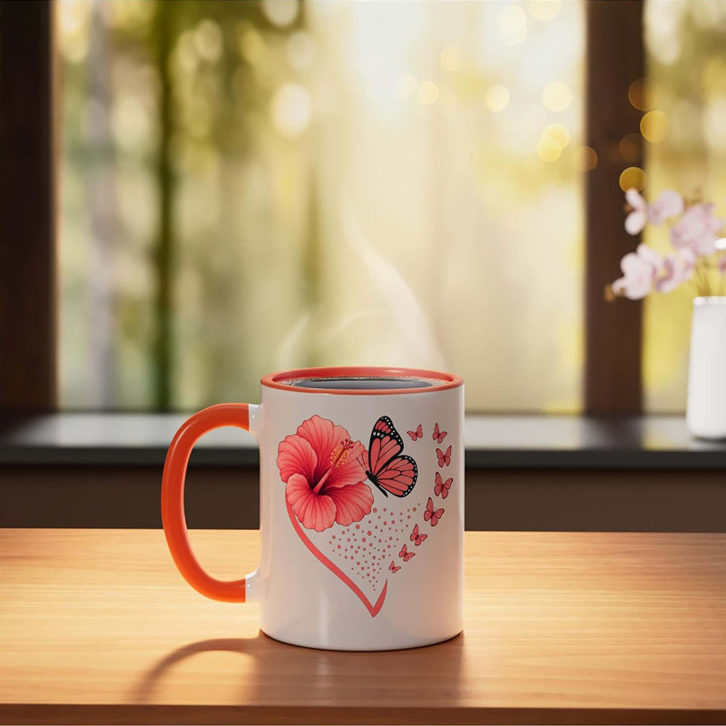 Hibiscus Butterfly Heart Flower Floral Ceramic Mug, 11oz, Orange