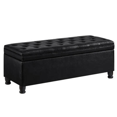 Button Storage Seat In Black. Solid Wood Construction. Stores Sundries, Books. Comfortable For Living Room. 45"X18"X18"H. Simple Assembly Required Upholstered Bench With Design. Black Faux Leather,