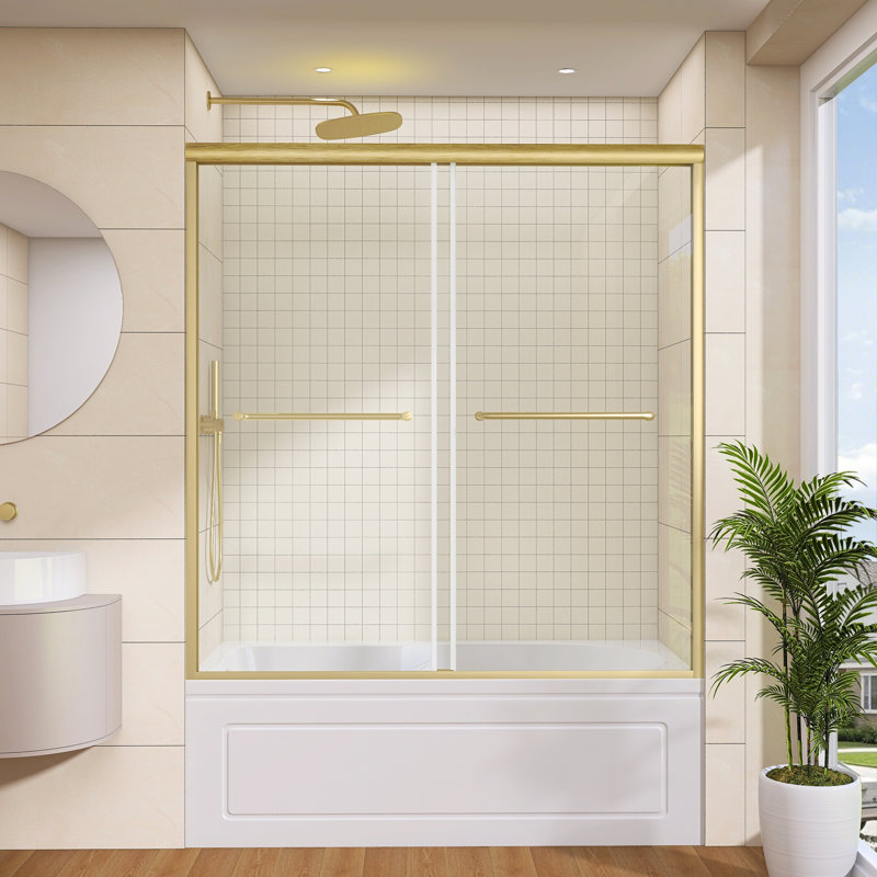Pare-brise de porte de baignoire à double coulissement en aluminium 56 "à l 60" x H 62 "avec verre trempé doré brossé 5/16"