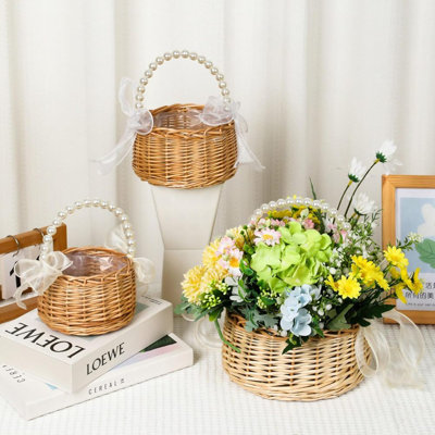 Ensemble de 3 paniers de fleurs en osier, panier de pique-nique avec poignée de perle et ruban, panier de fleurs de fée en rotin pour mariage maison jardin pique-nique extérieur