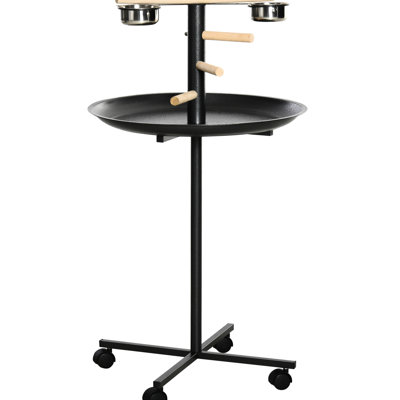 Portable Parrot Stand, Four Wheels, Stainless Steel Bowls, Grey, Lightweight Bird Feeder Station, Portable, Practical
