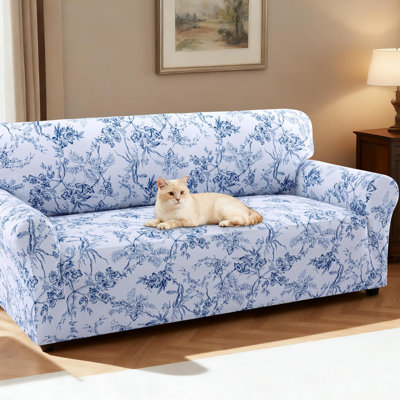 Housse de canapé à motif floral, housse de canapé imprimée, housses extensibles lavables, pour 3 coussins (bleu, canapé),