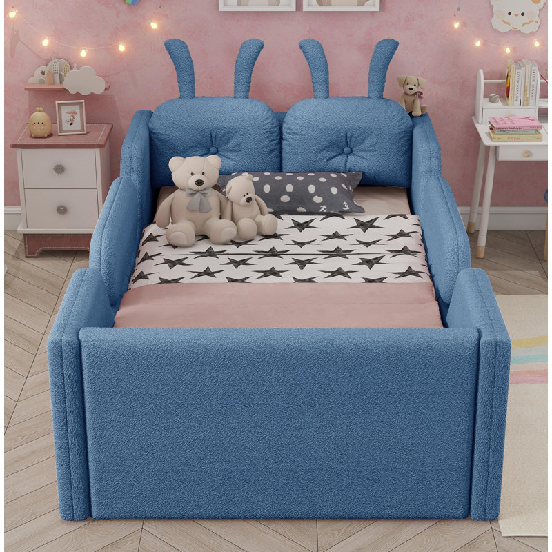 Lit plateforme tapissier simple avec coussin en lapin, lit tapissier pour enfants avec rails latéraux amovibles, bleu, Bleu