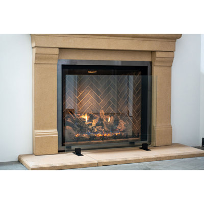 Modern Free Standing Clear Glass Fireplace Screen with Black Feet - by AMS Fireplace