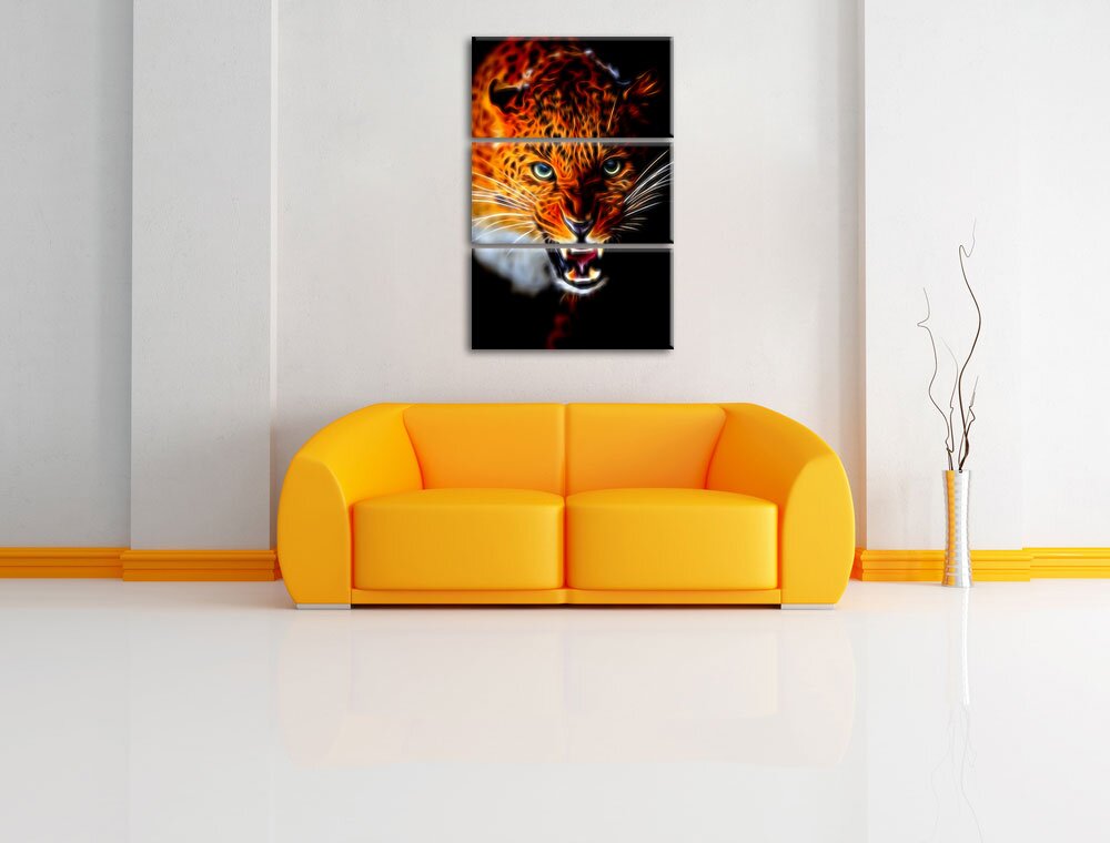 3-tlg. Leinwandbilder-Set „Fauchender Leopard“, Grafikdruck