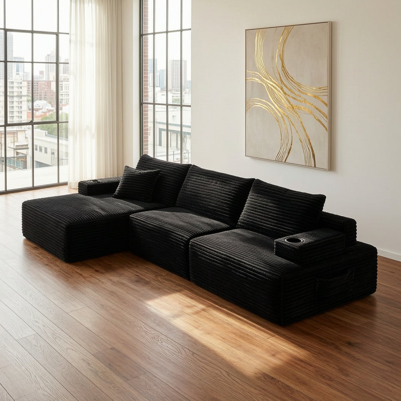 Canapé modulaire en L 96 po, Velours côtelé noir, Orienté vers la gauche