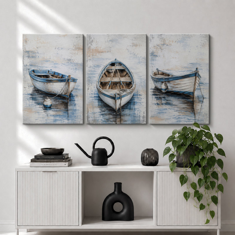 «Rustic Blue Row bateau Coastal», images de salle de bain, impression sur toile encadrée, 3 pièces, Wrapped Canvas