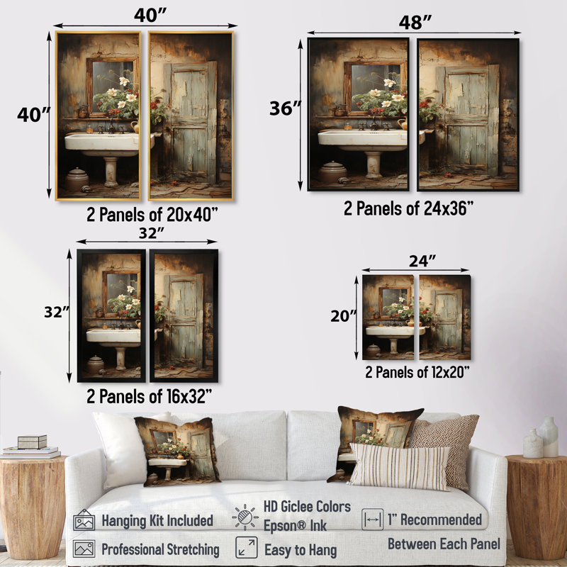 «Bathroom Rustic Charm», ensemble de 2 impressions sur toile, ensemble d'humour beige, H 32 po x l 32 po, Doré