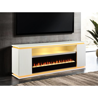 Meuble télé blanc contemporain avec foyer électrique, réglage de la luminosité à 3 niveaux, contrôle de la température, pouvant accueillir jusqu'à 65 téléviseurs, fabriqué en bois d'ingénierie, en pin, en verre et en métal, assemblage des pieds