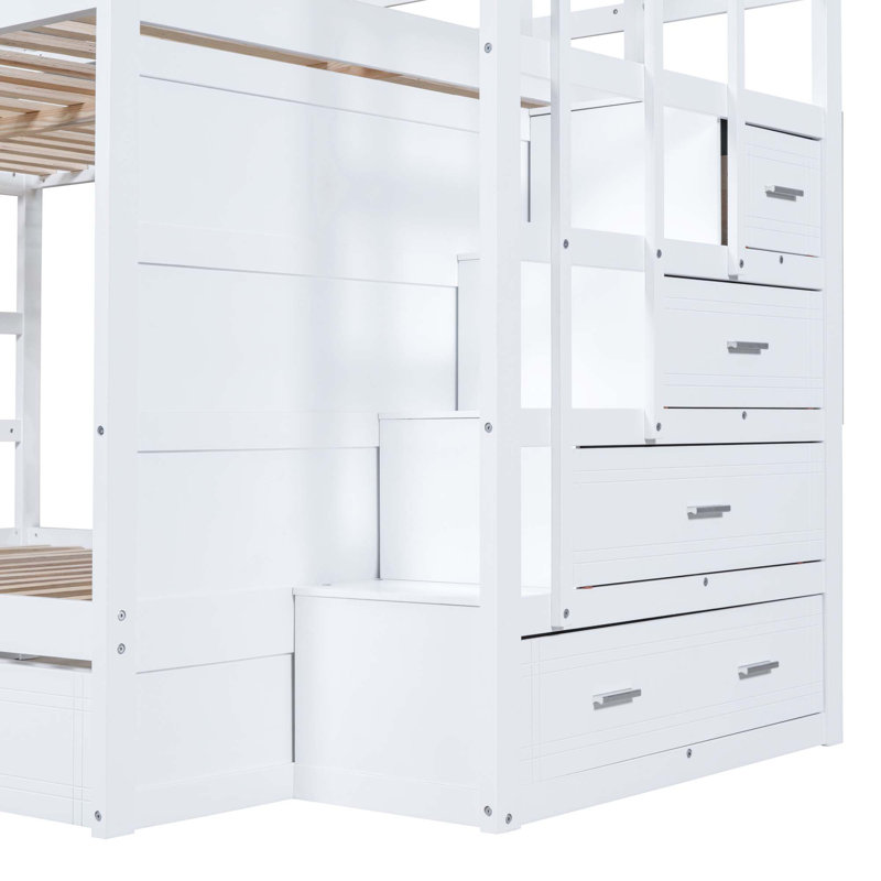 Aayden-Jon Kids Twin Over Twin Bunk Bed with Trundle, White, Full Over Full