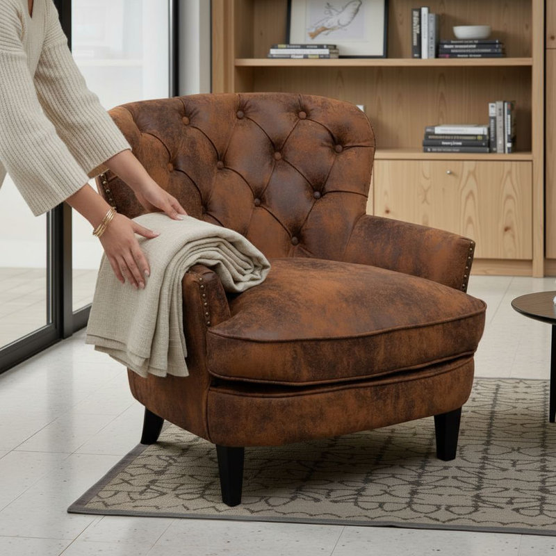 Leather Air Buttoned Accent Chair, Brown