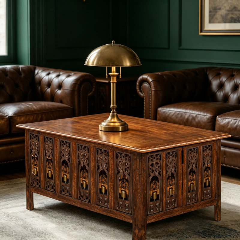 Table basse sculptée à la main en bois de manguier massif avec pieds pliables et clochettes Ghanti, finition brun antique, table centrale compacte pour petits espaces de salon, assemblage sans outils, 30,5 po x 21,5 po x 18 po