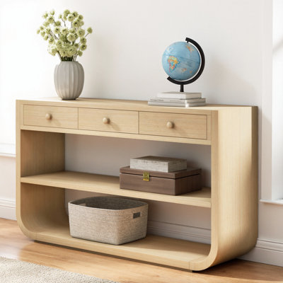 Console moderne incurvée - 3 tiroirs à fermeture en douceur et 2 tablettes ouvertes, base en bois massif, table d'entrée au fini naturel pour le salon, le couloir ou le bureau