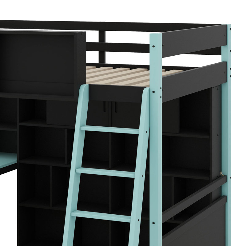 Lit mezzanine double en bois avec bureau et tiroirs intégrés, lit de jeu offrant un espace de rangement spacieux et un éclairage