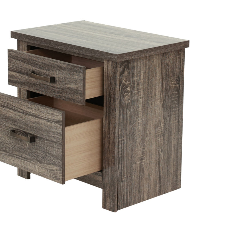 Striking Wooden Nightstand With 2 Drawers, Weathered Grey Finish, And Black Recessed Grooves For Modern Bedrooms