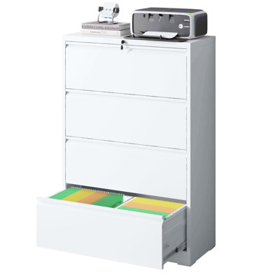 35.4 Inch Wide 4 Drawer Lateral File Cabinet, Heavy Duty Metal, For Home Office, 440 Lbs Capacity Drawers, Locking System, Floor Pads Metal Filing Cabinet With Wide, White Powder Coated, Adjustable
