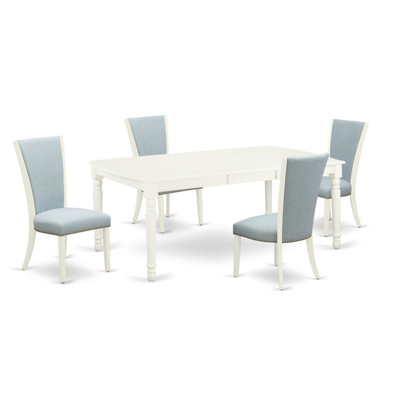 L'ensemble de table de salle à manger 5 pièces comprend une table de cuisine rectangulaire avec feuille papillon et 4 chaises rembourrées en tissu bleu lin, blanc lin