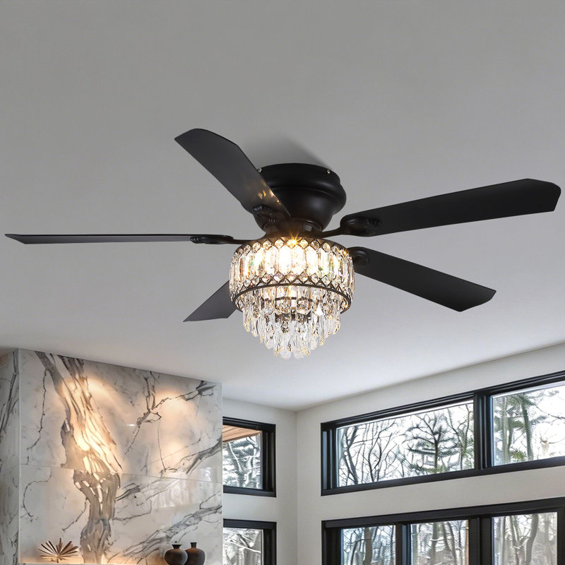 52" Crystal Flush Mount Ceiling Fan With Led Lights And Remote Control