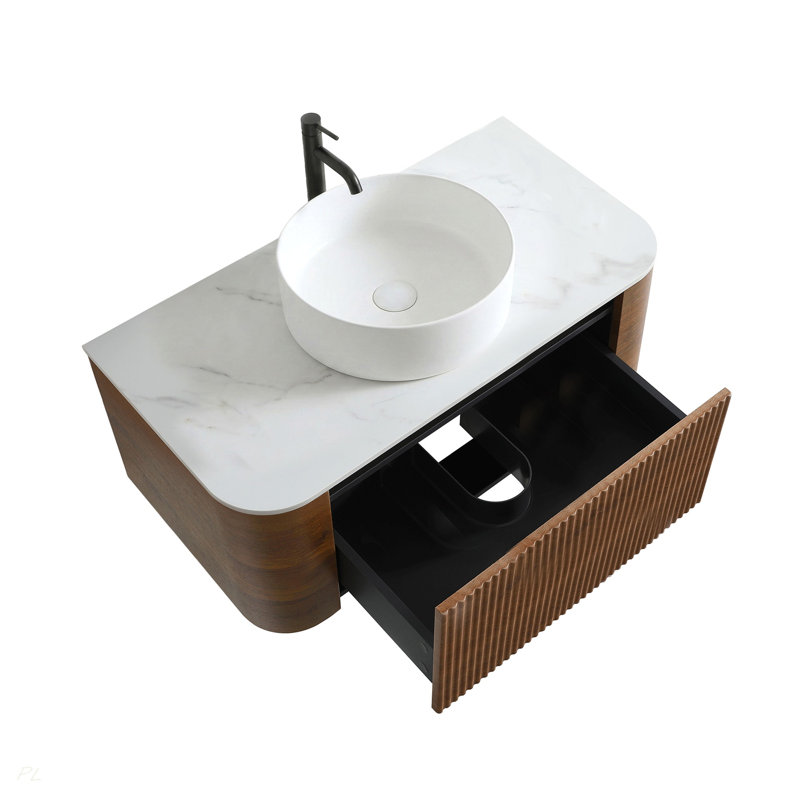 Meuble-lavabo de 36 po avec lavabo, armoire murale en noyer avec porte-serviettes gratuit, lavabo simple en céramique blanche, sans drain et robinet, pré-assemblé