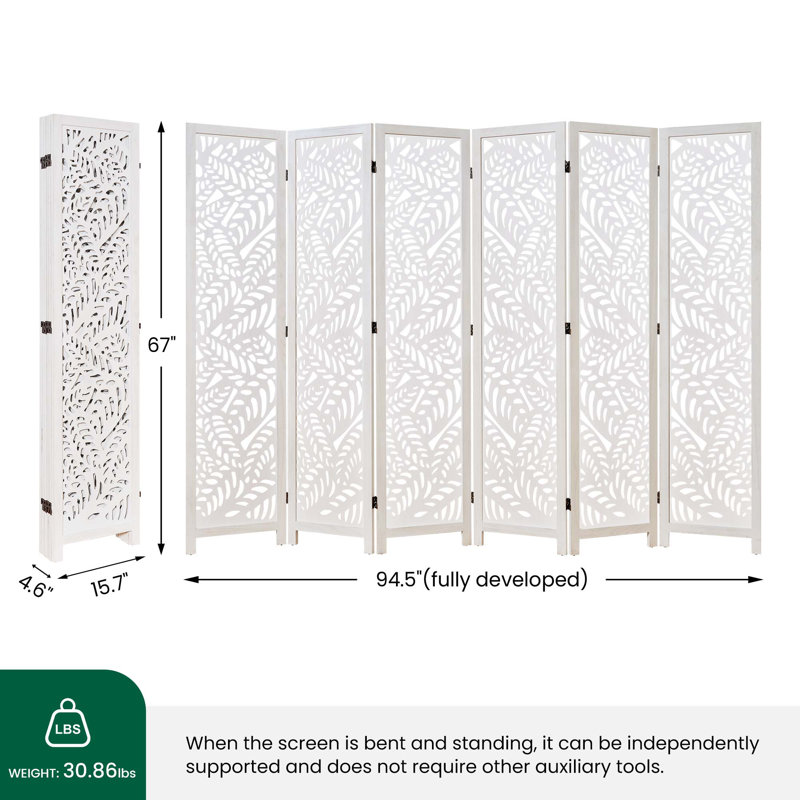 Paravent en bois massif 67 po H - Paravent Serenity Floral, 6, Blanc
