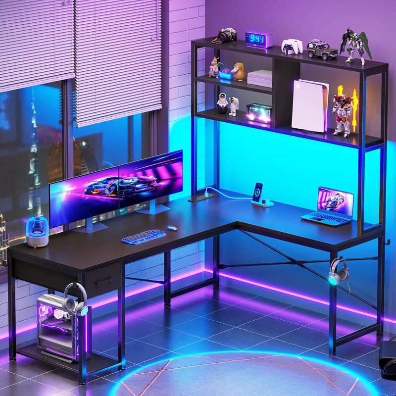 L Shaped Gaming Desk, 51.2" Reversible Small Corner Desk With Drawer, Power Outlet & Led Lights, Black