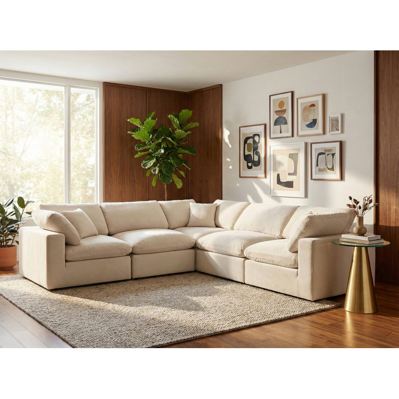 Isshak Velvet L-Shaped Sectional Reversible, Cream Velvet