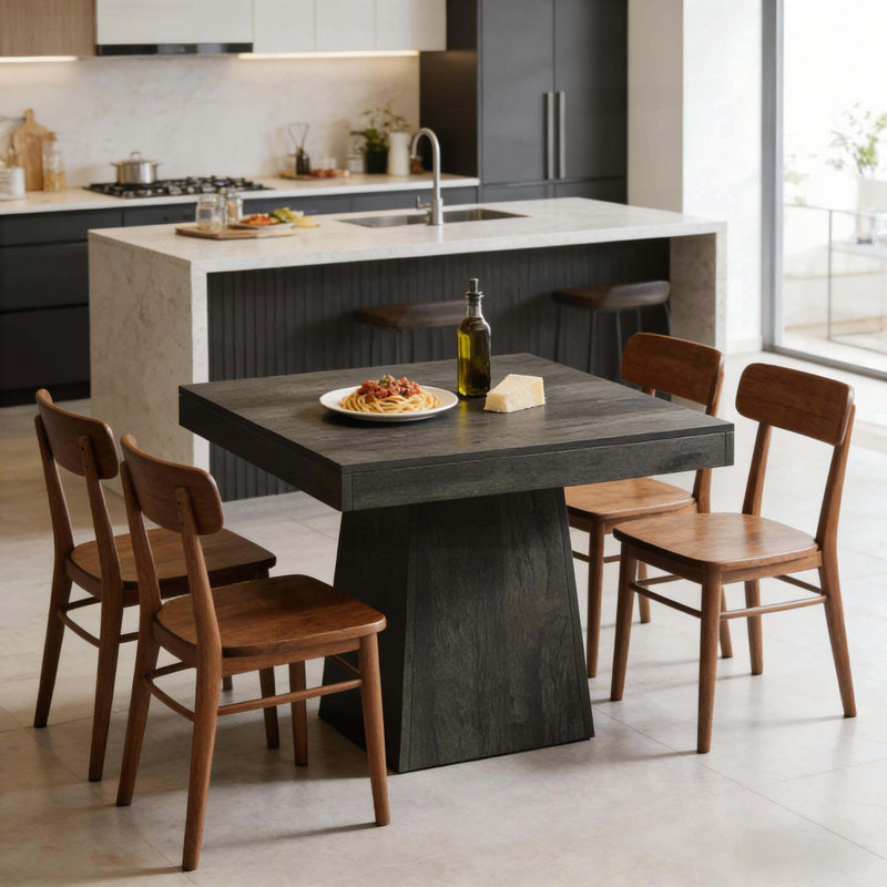 Table de salle à manger carrée classique avec finition grain de bois gris