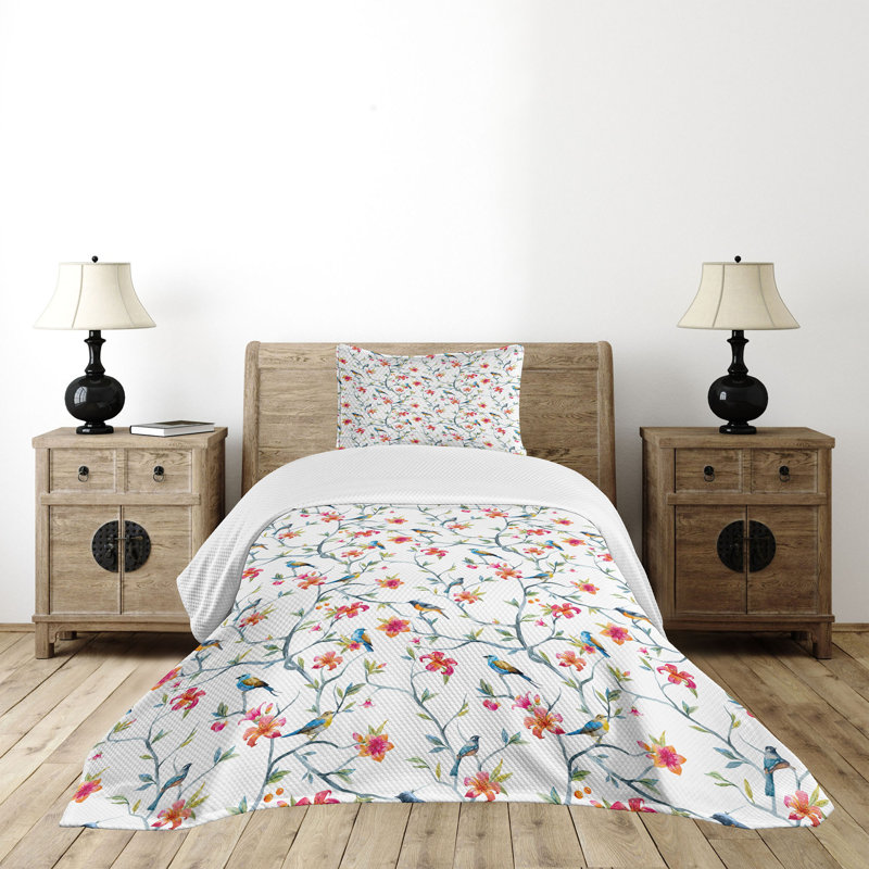 White Twin Quilted Bedspread Set with Floral Design