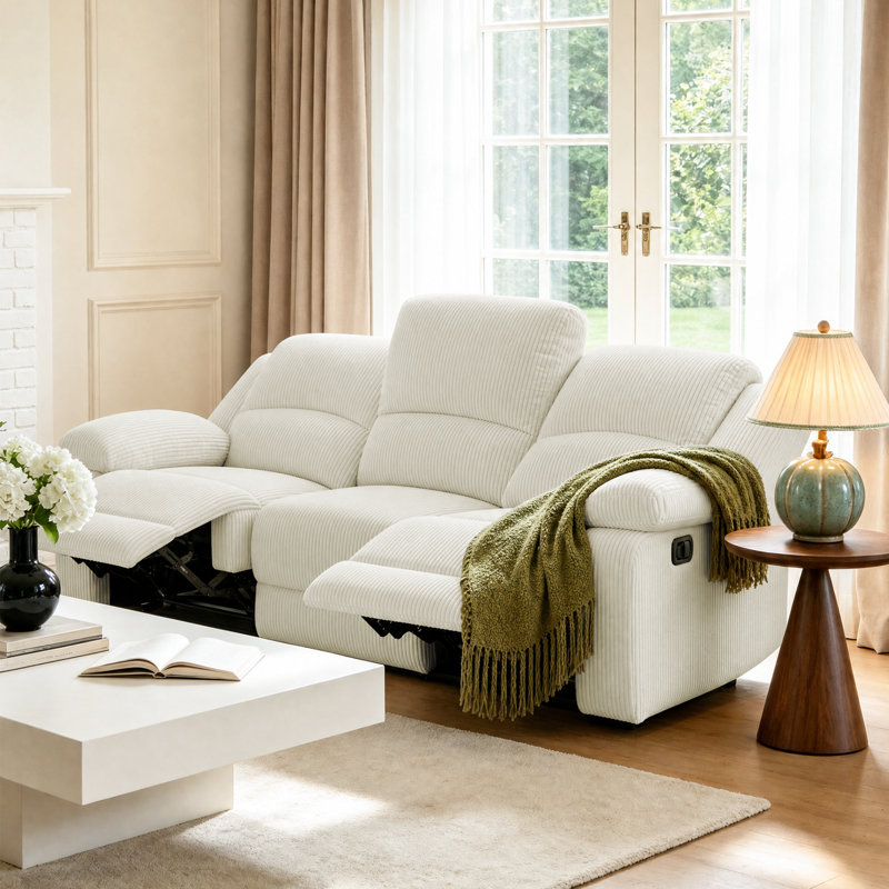 Corduroy Manual Reclining Sofa with Rounded Armrests, Beige