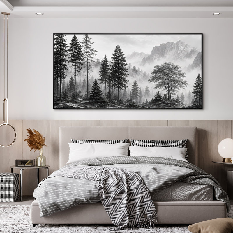 Très grand art mural imprimé sur bois - Forêt de pin brumeux noir rustique - "Assemblage requis (cadre non fini)"