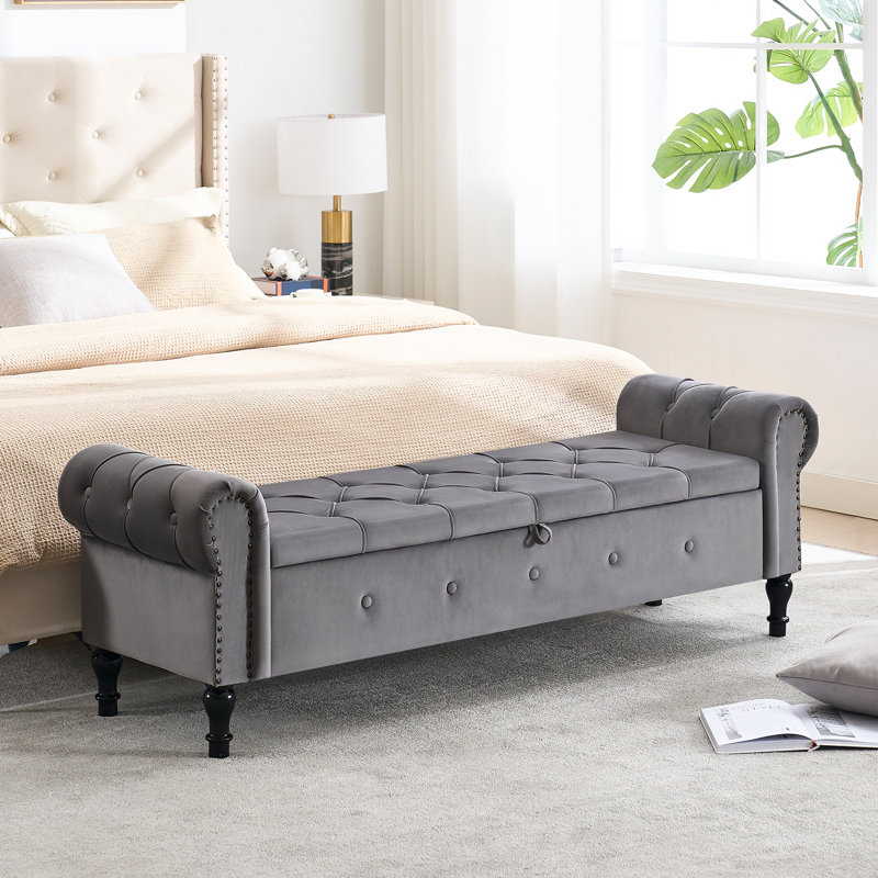 Banc de rangement en velours 66,9 po, Gris foncé