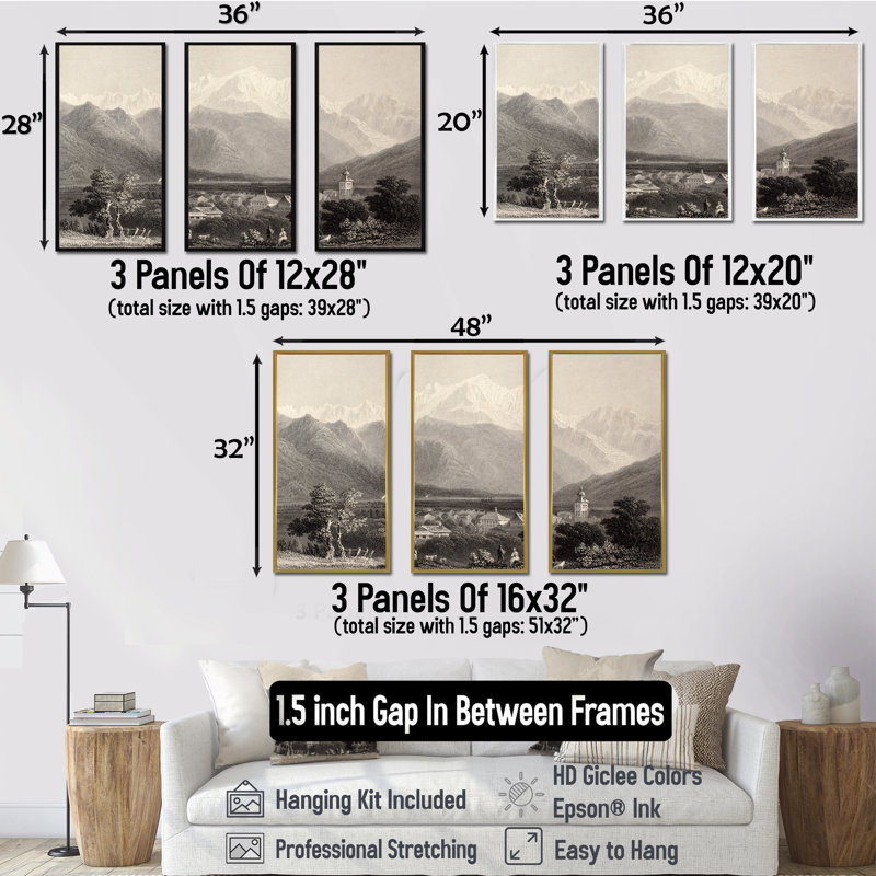Ensemble de 3 impressions monochromes sur toile Mont Blanc, H 20 po x l 36 po x P 1 po, Noir