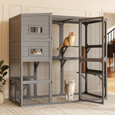 Weatherproof Wooden Outdoor Catio For Multiple Cats With Resting Box And Platform