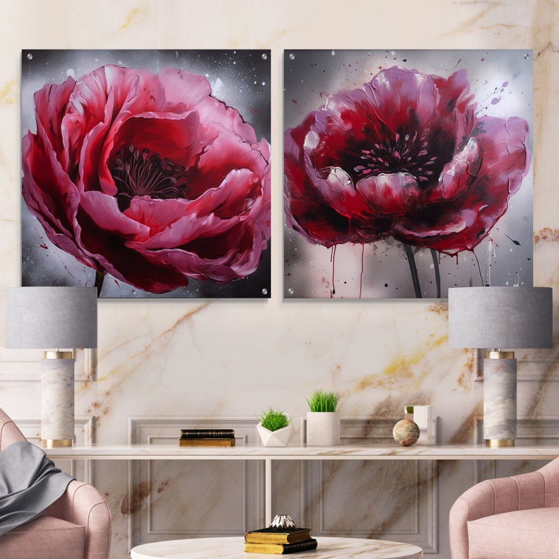 «Pink Delicate Poppy I», ensemble de 2 art mural en verre acrylique, H 16 po x l 33 po