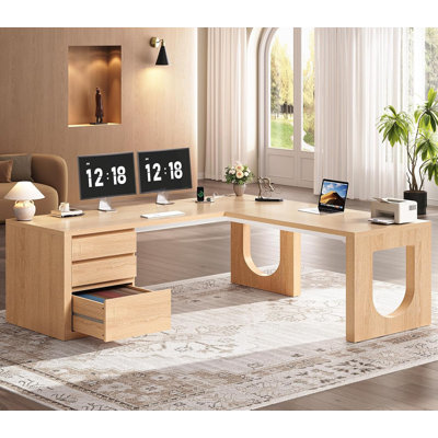 Bureau en L 63 po à 3 tiroirs, bureau de direction moderne avec tiroir classeur