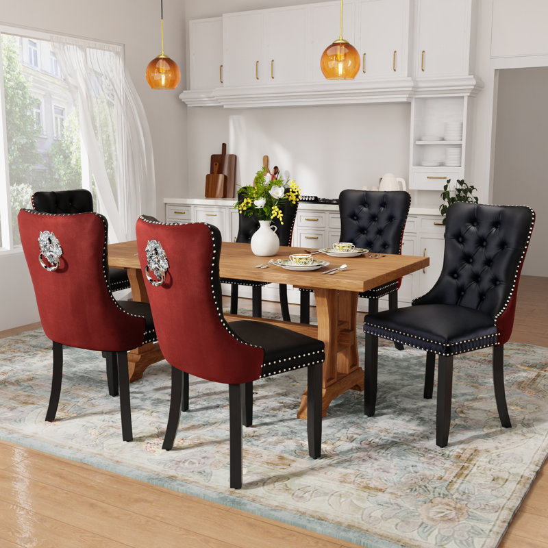 Luxury Velvet Nailhead Upholstered Dining Chairs(Set of 6), Orange, Black