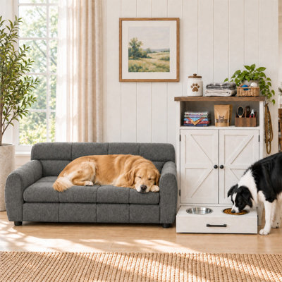 Modern Farmhouse 2-Piece Pet Furniture Set: Dog Feeding Station Cabinet with Food Storage and 2 Stainless Bowls + Cozy Pet Sofa