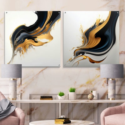 Noir, blanc et or liquide Art I - ensemble abstrait d'art mural en acrylique à encre liquide abstraite en verre