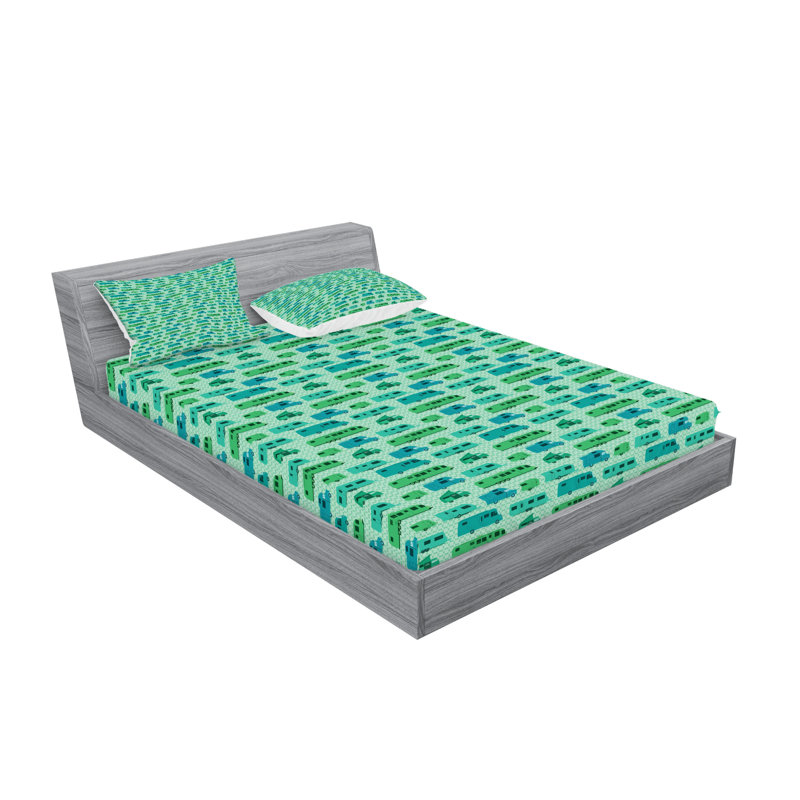 Ambesonne Camper Fitted Sheet & Pillow Sham  Set,  Mint Green and Green, Full Sheet Set with 4 Pillowcases