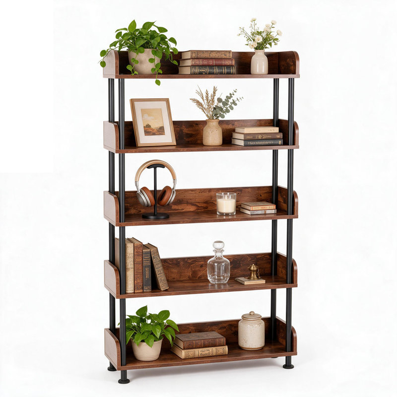 5-Tier Industrial Bookshelf, 57" Rustic Brown Etagere Bookcase with Metal Frame for Home Office and Living Room