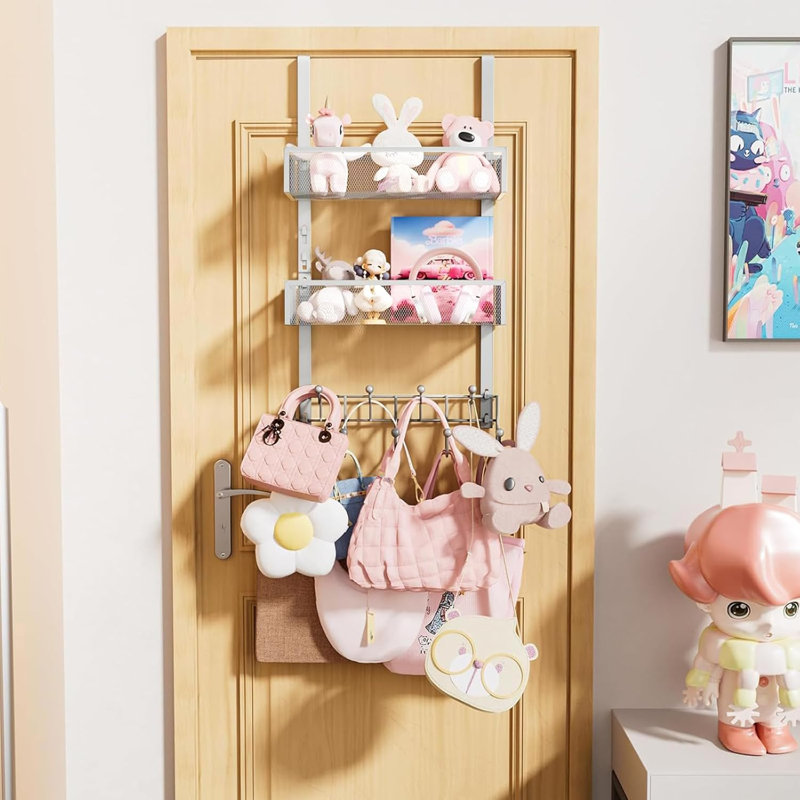 Rangement au-dessus de la porte avec 9 crochets et 2 paniers en maille - Rangement suspendu en acier inoxydable robuste pour la salle de bain, la chambre à coucher et la cuisine