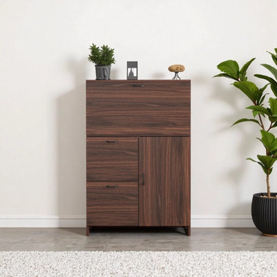 Walnut Fold-Up Desk Cabinet with Storage Drawers & Shelves - Space-Saving Workstation for Home Office, Dorm & Small Spaces (31.49"W x 13.78"D x 47.2"H)