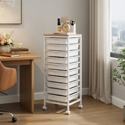  Chariot de rangement roulant à 10 tiroirs avec plateau en bois, roulettes verrouillables et tiroirs coulissants, organisateur Macaron pour bureau, salle d'artisanat, salon, blanc et naturel