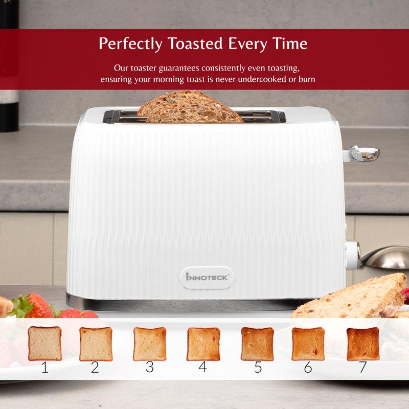 2 Slice Toaster in Glossy Ridged Textured Body and Stainless Steel Mechanism, White