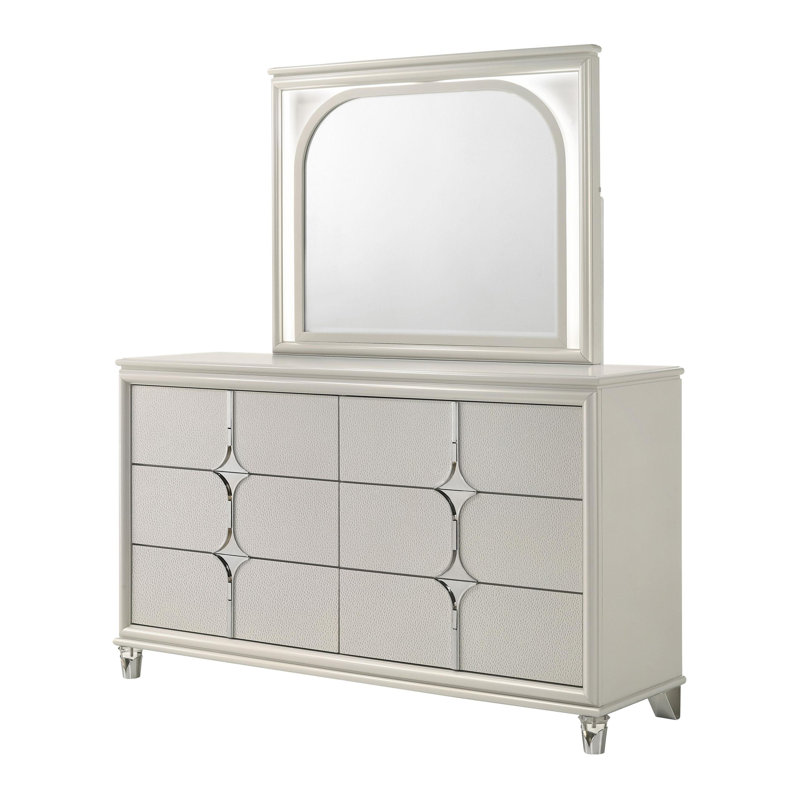 Commode 6 tiroirs et miroir DEL blanc perle