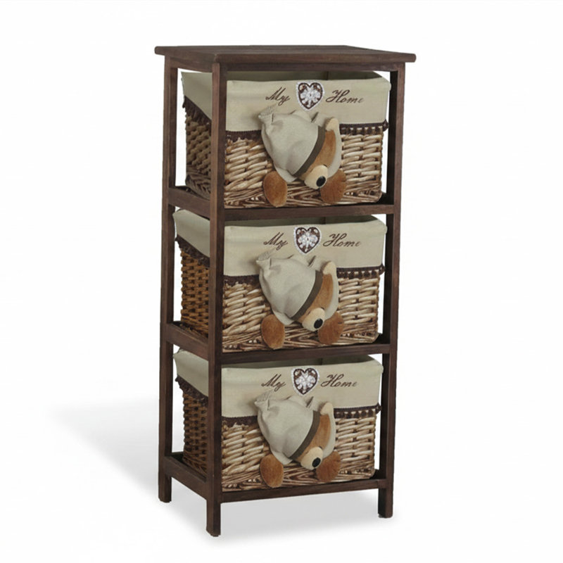 Jhavon 3-Drawer Wooden Cabinet with Wicker Storage Baskets and Brown Bear Design Christmas Gift