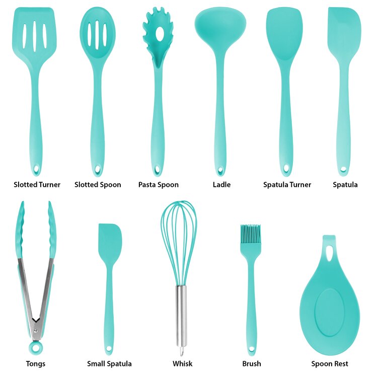  Kitchen Utensils Set of 12, E-far Silicone Cooking Utensils  with Holder, Non-stick Cookware Friendly & Heat Resistant, Includes Spatula  Tong Whisk Ladle Brush Slotted Turner Spoon(Turquoise) : Home & Kitchen