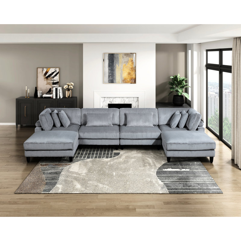 Revêtement modulaire contemporain en velours côtelé gris 6 pièces Contemporary - 2 fauteuils sans accoudoirs, sièges d'angle, repose-pieds avec coussins