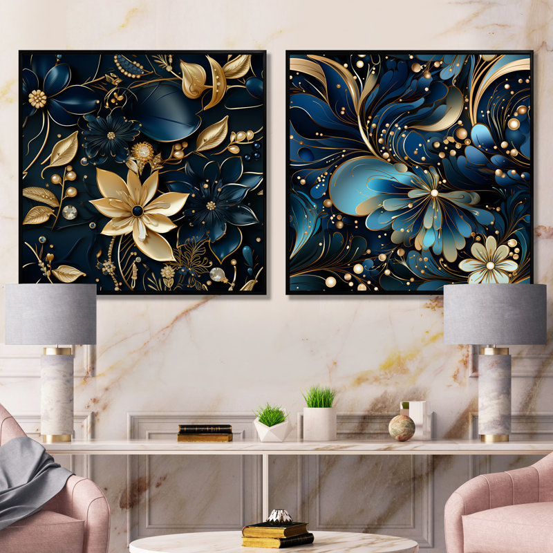 Normandin - Ensemble de 2 impressions murales florales, Cadre flottant noir, H 30 po x l 61 po x P 1 po