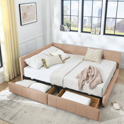 Grand lit capitonné avec rangement capitonné, cadre de canapé-lit avec dossier confortable et accoudoirs, grand lit pour chambre à coucher, salon, velours, rose (85,5 po x 64,5 po x 29,5 po)